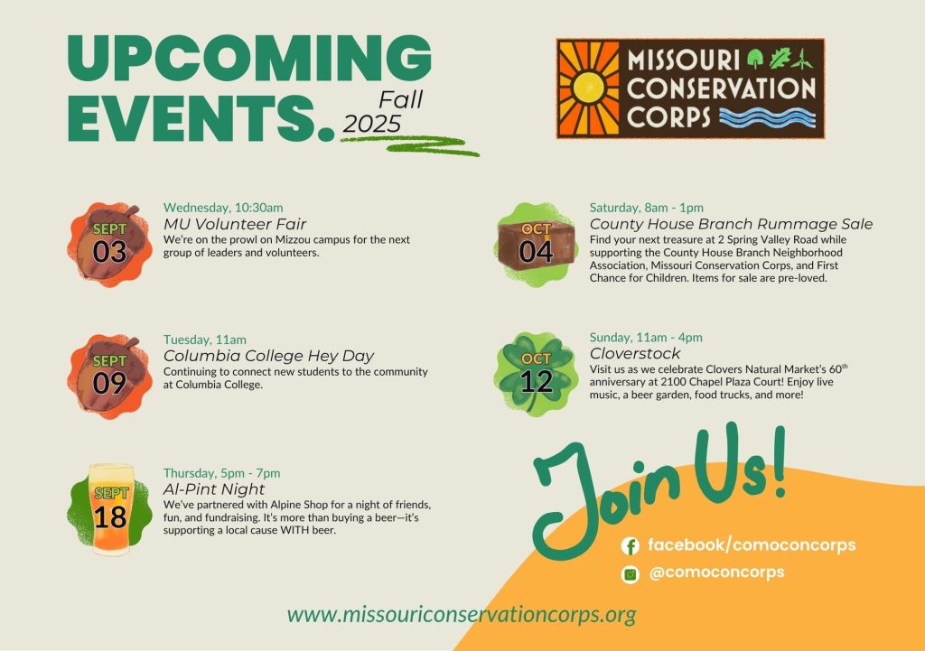 Graphic of upcoming events listed with various illustrations, dates, and times.