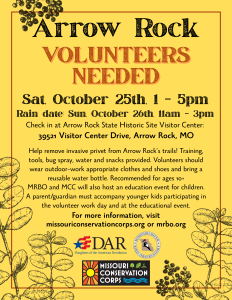 A flyer detailing the events of a volunteer event in Arrow Rock