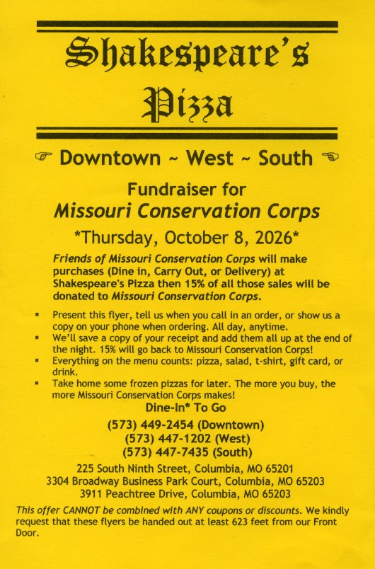 The flyer for our October 8th fundraiser at Shakespeare's Pizza in Columbia, Missouri.
