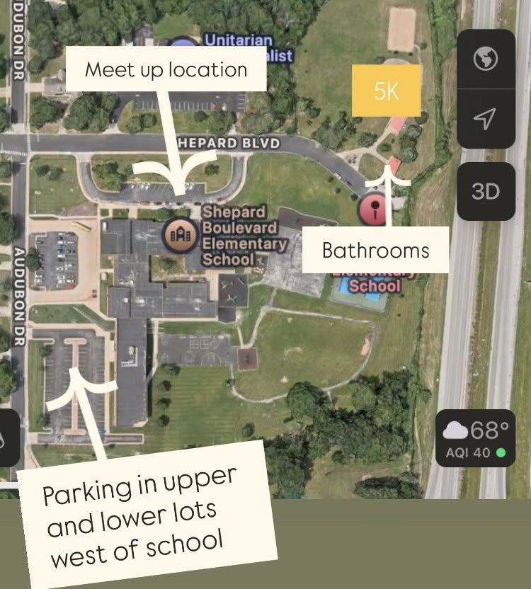 A map showing where volunteers can park their vehicles, where to meet, and where nearby bathrooms are.